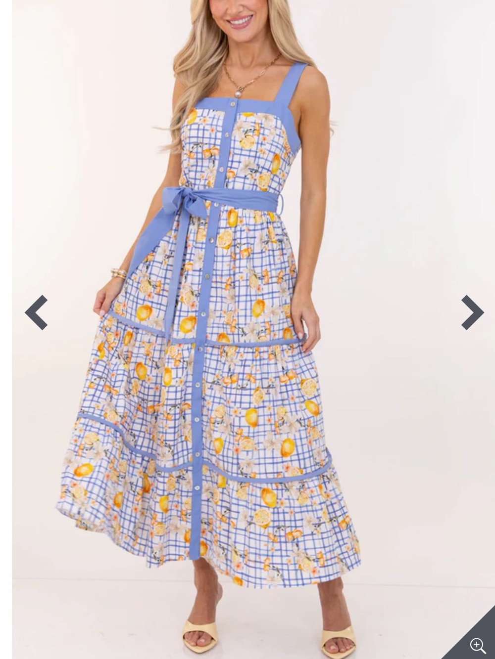 New Blue Gingham Lemon Print Bow Maxi Dress - Picture 1 of 9
